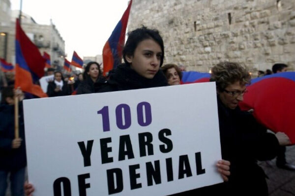 Members of the Armenian community march on April 23, 2015 in Jerusalem on the eve of the 100th anniversary  of the Armenian genocide, urging  the Turkish government to acknowledge the genocide.