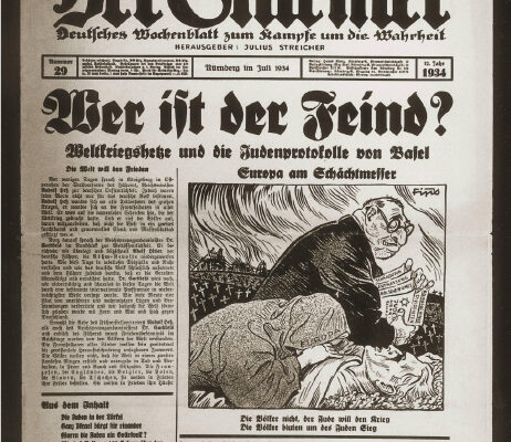 Le journal Der Stürmer avec comme titre “Qui est l’ennemi?” et plus bas une citation disant “ Pas les nations, mais les Juifs veulent la guerre: Pour que le Juif gagne, les nations saignent”